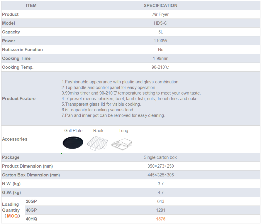 Technical specification sheet for 5L Digital Air Fryer
