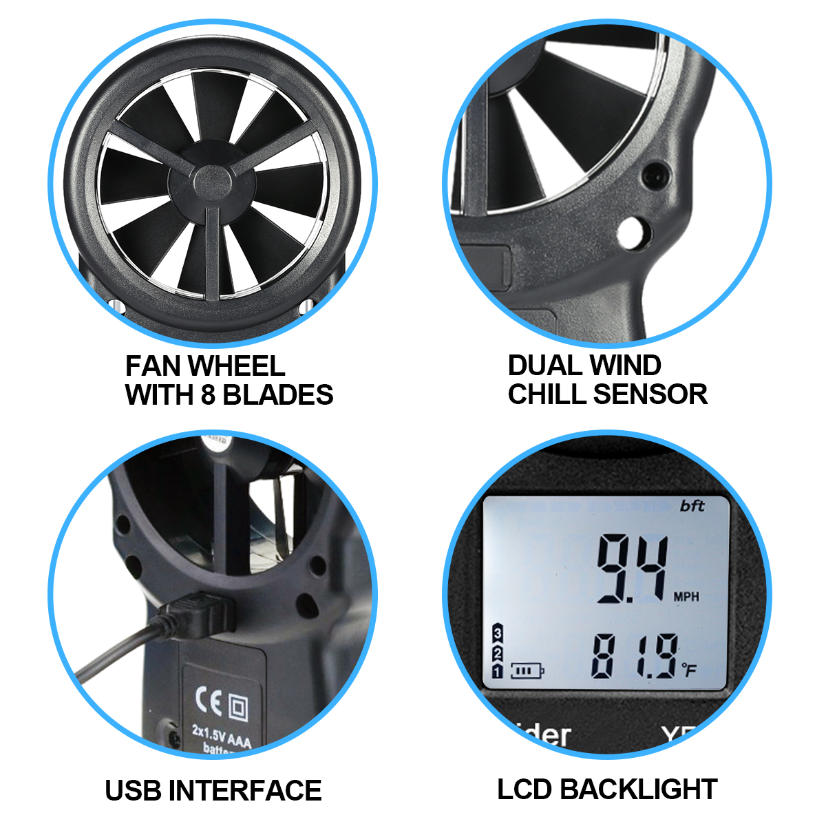 Close up of anemometer sensor and display