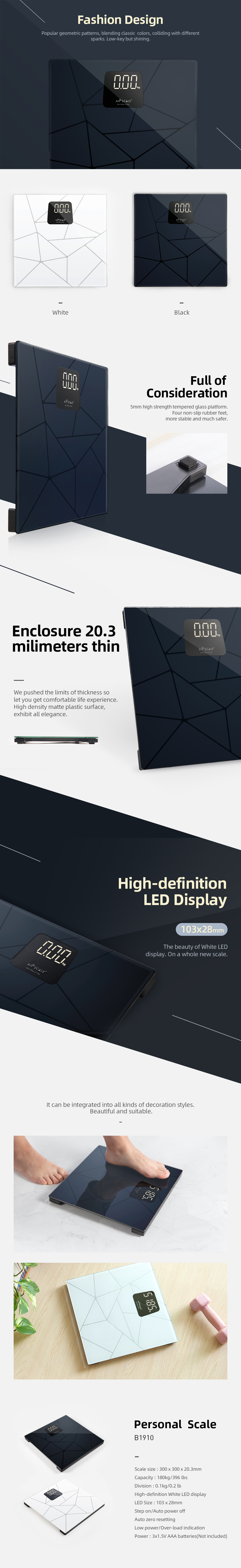 Technical diagram and lifestyle features of the digital scale