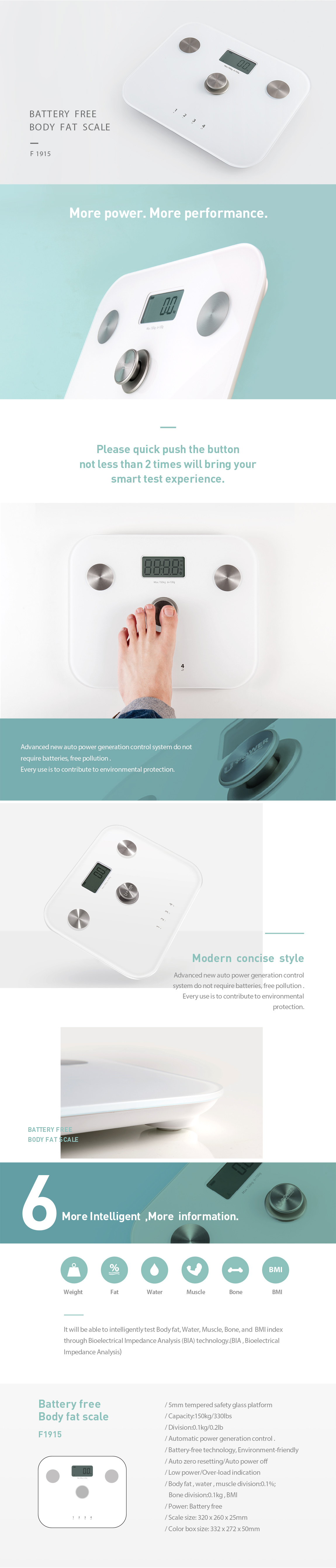 Infographic showing the battery-free auto-power generation system and body composition metrics.