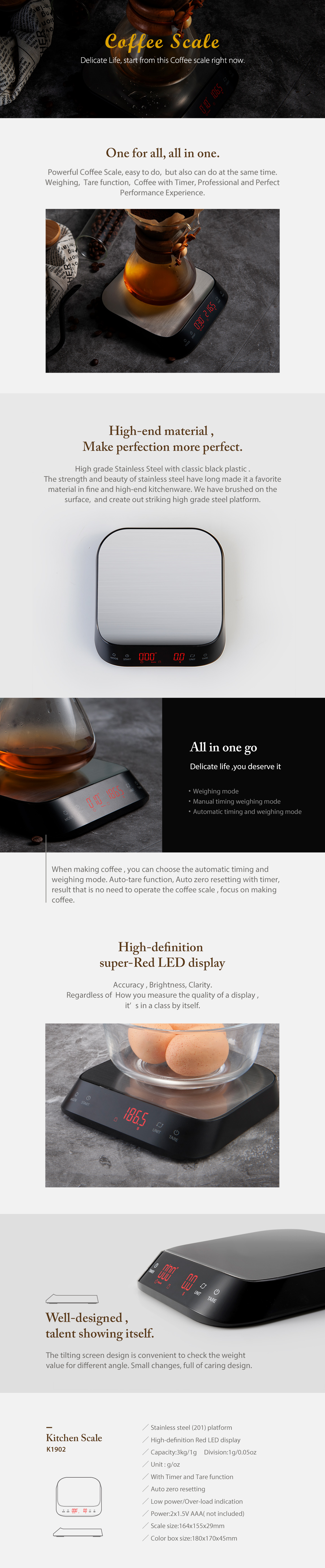 Digital coffee scale with stainless steel platform and red LED display showing various modes.