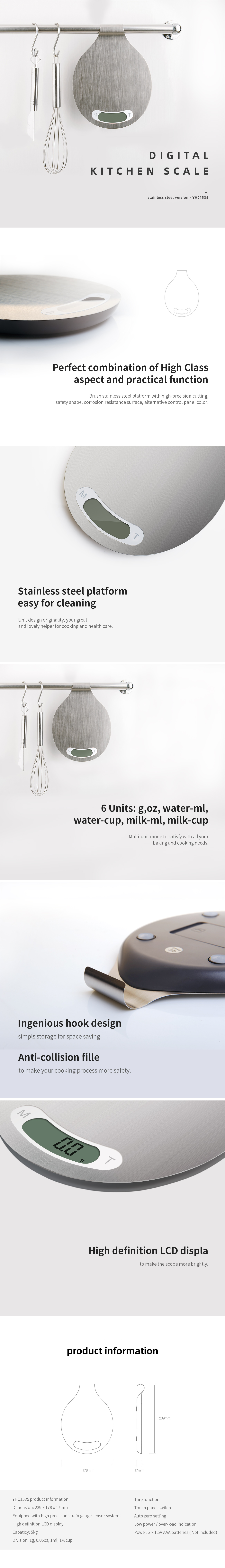 Technical diagram and feature highlights of the digital kitchen scale