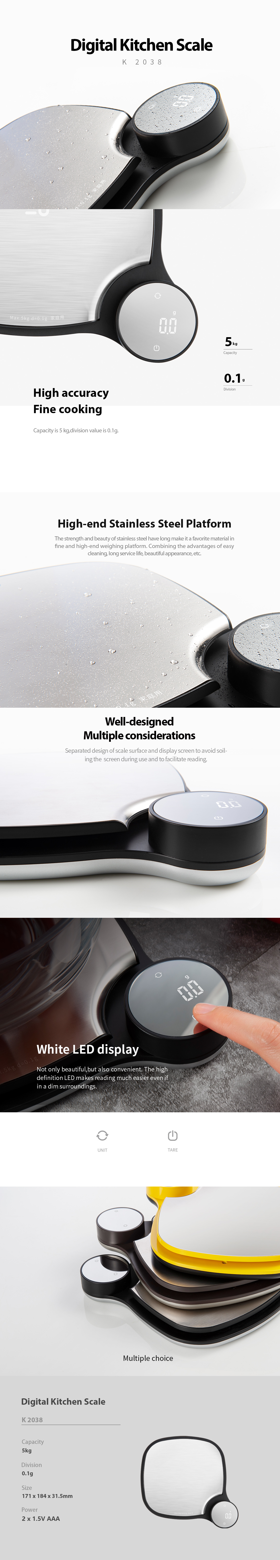 Infographic showing the stainless steel platform, LED display, and technical specifications of the K2038 digital scale.