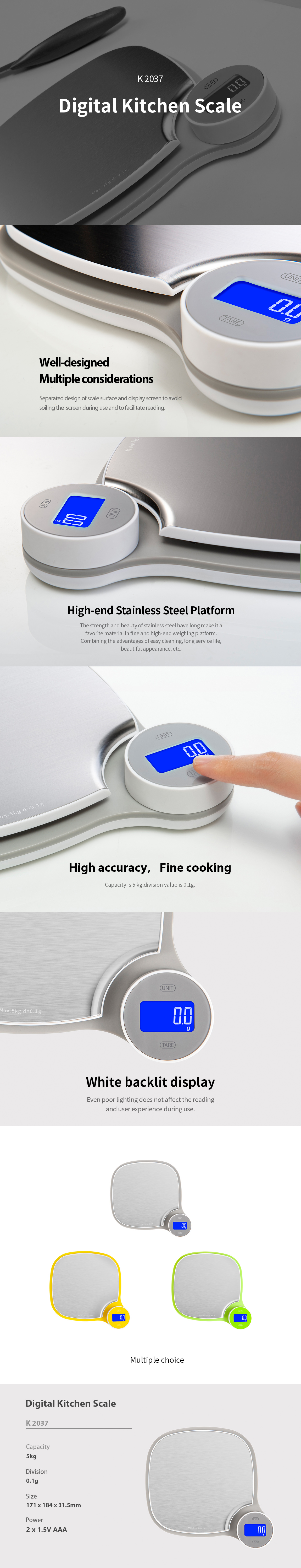 Digital kitchen scale with stainless steel platform and white backlit display showing technical specifications.