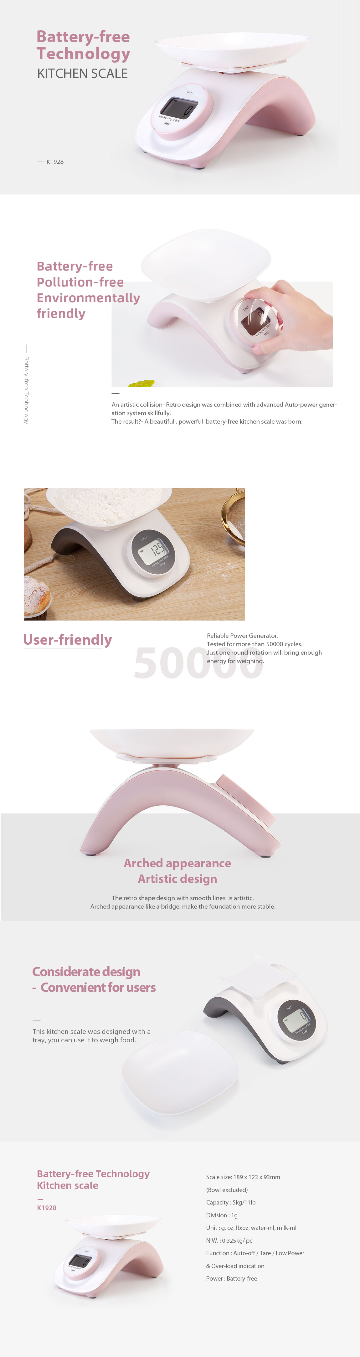 Battery-free digital kitchen scale with auto-power generation system and retro arched design.