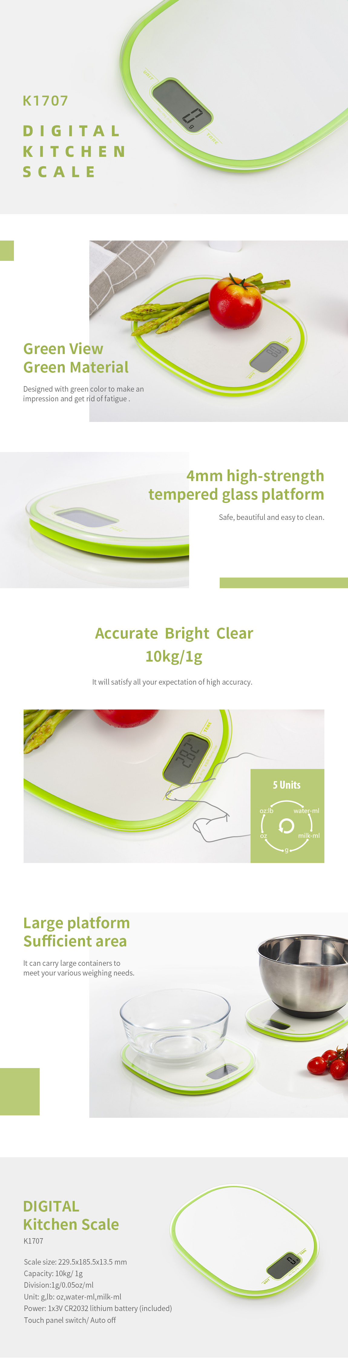 Infographic showing the K1707 digital kitchen scale features including its 10kg capacity and tempered glass platform.
