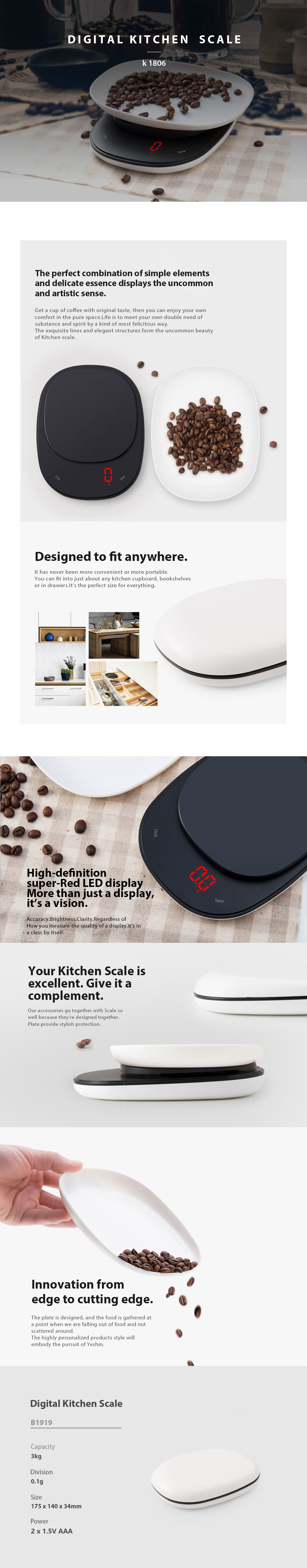 High-definition LED display and technical specifications of the digital kitchen scale