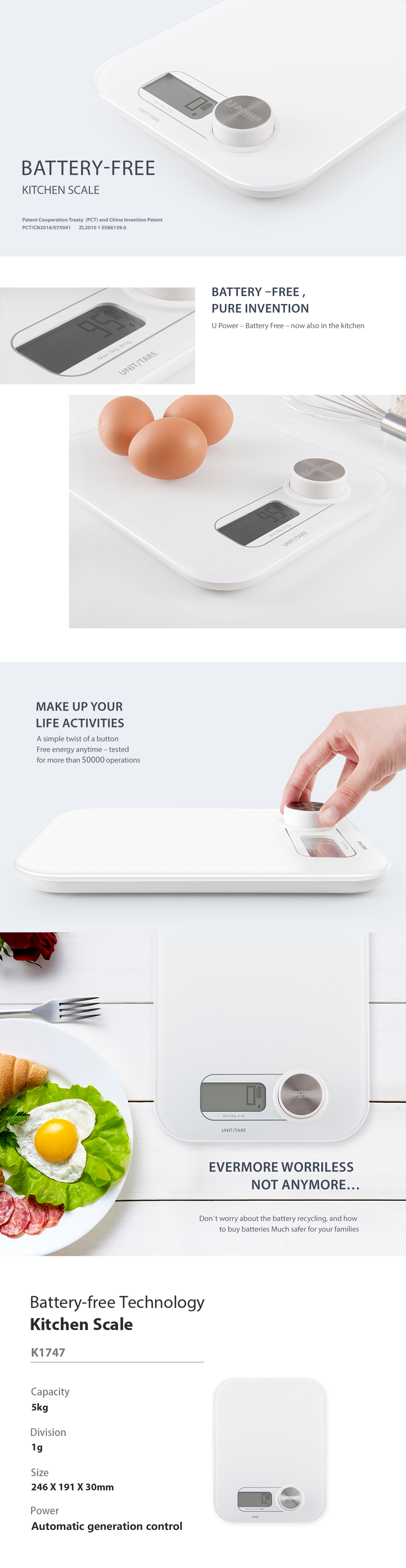 Infographic showing battery-free technology and technical specifications of the K1747 kitchen scale.