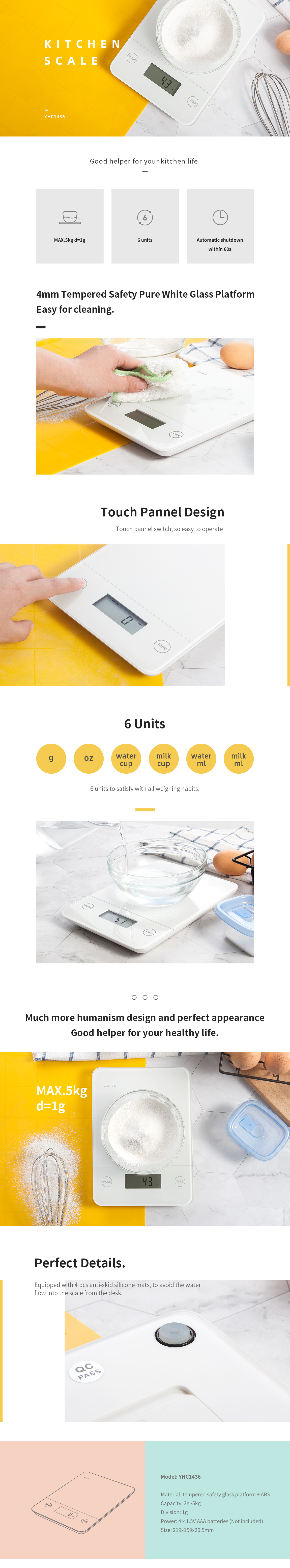 Infographic showing the digital kitchen scale features, units, and technical specifications.