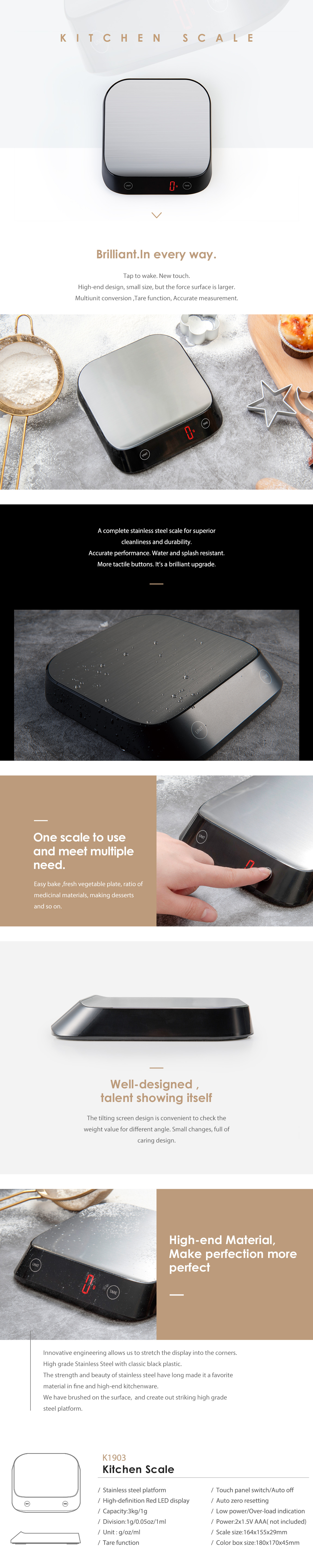 Infographic showing the digital kitchen scale features, including the stainless steel platform and LED display details.