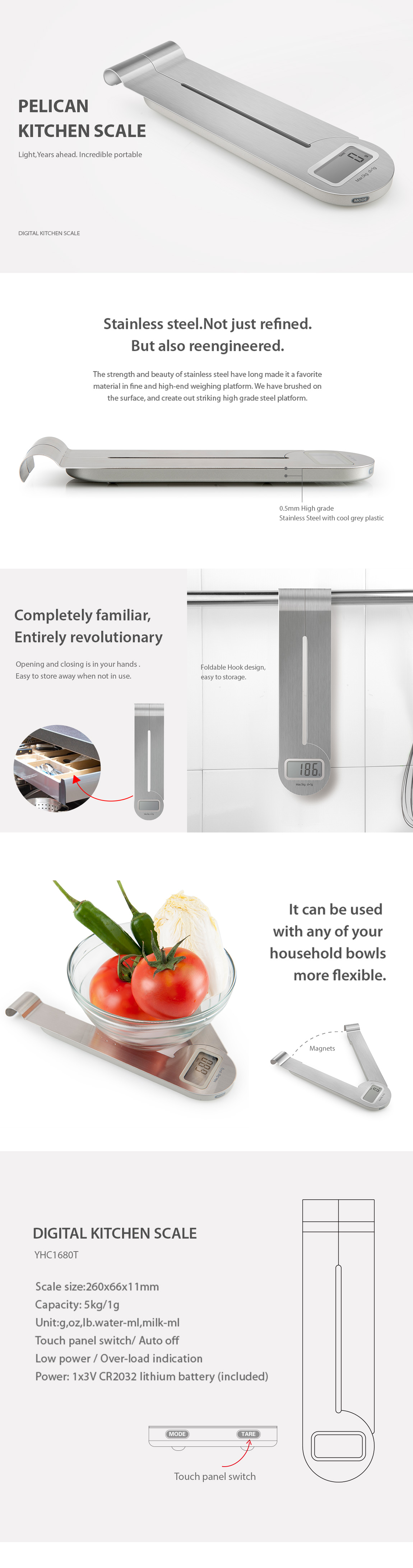 Infographic showing the foldable hook design and stainless steel finish of the digital kitchen scale