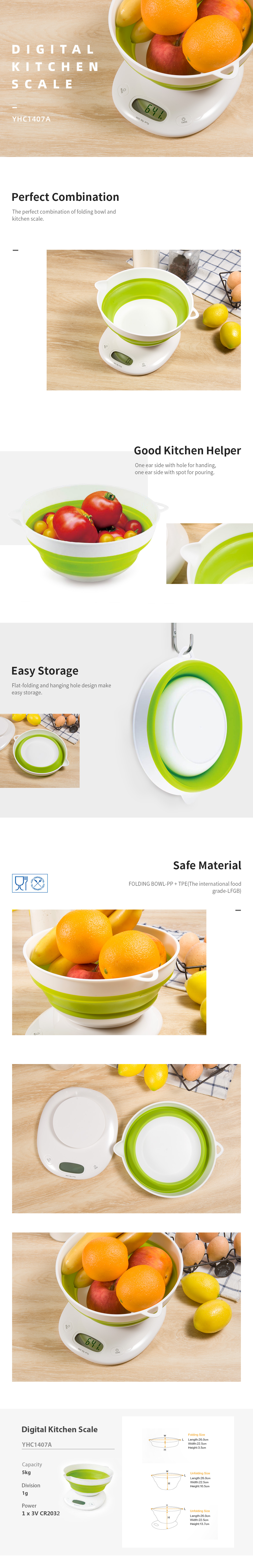 Digital kitchen scale with collapsible bowl showing storage and measurement features
