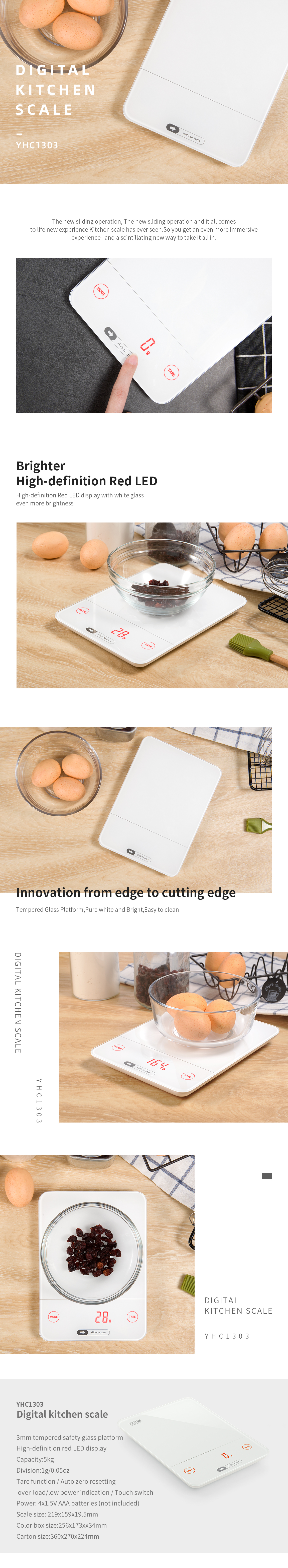 Infographic of the digital kitchen scale showing LED display and tempered glass platform