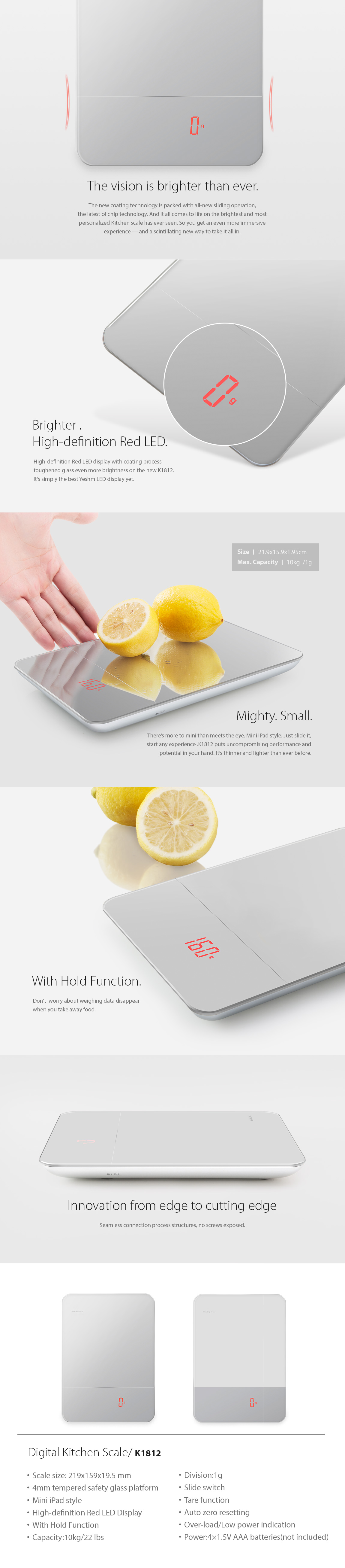 Infographic showing the digital kitchen scale features including LED display and dimensions