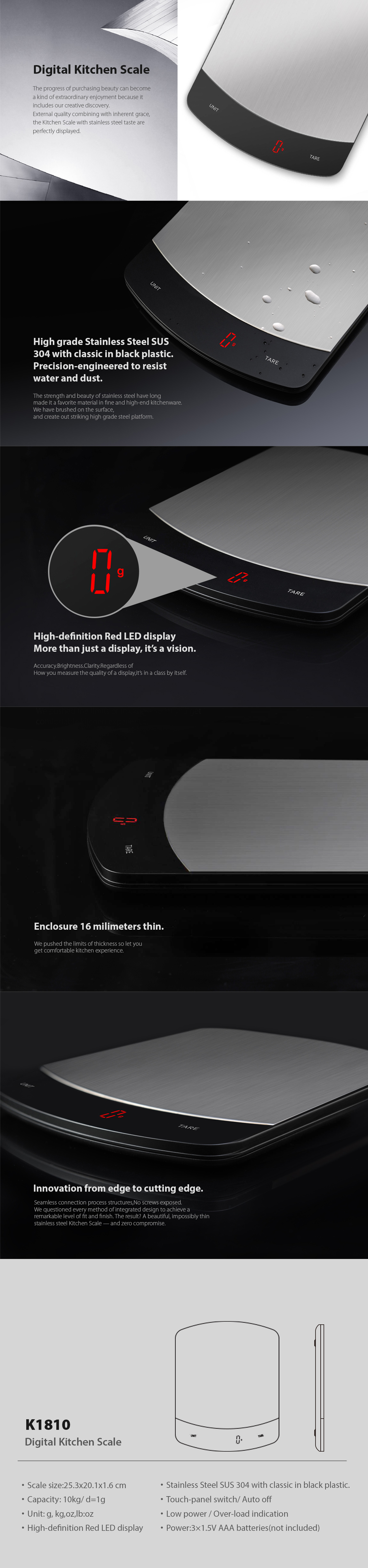 Digital kitchen scale with SUS 304 stainless steel platform and red LED display