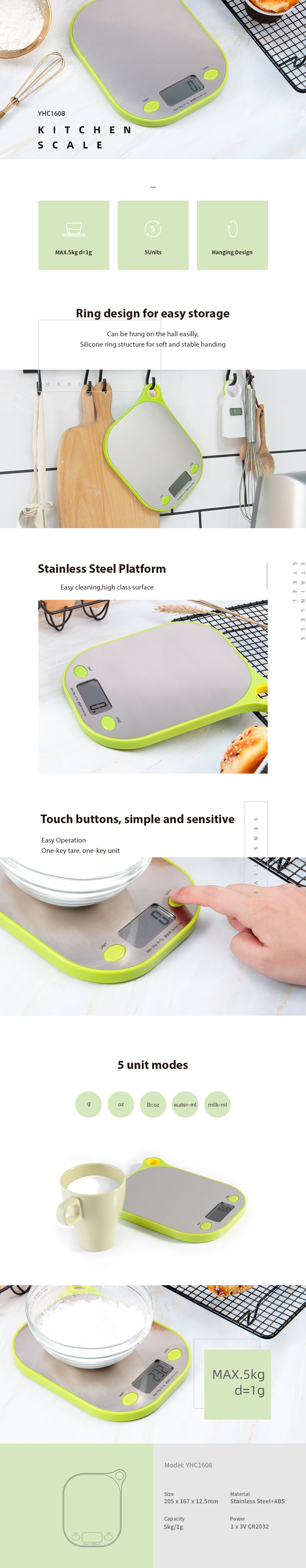 Infographic showing the features of the YHC1608 digital kitchen scale including its slim profile and hanging design.