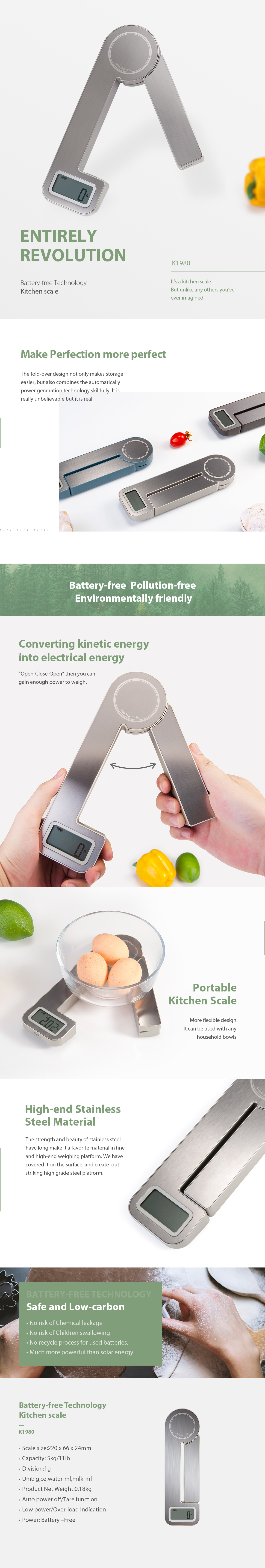 Infographic showing the battery-free kinetic power mechanism and foldable stainless steel design of the kitchen scale.