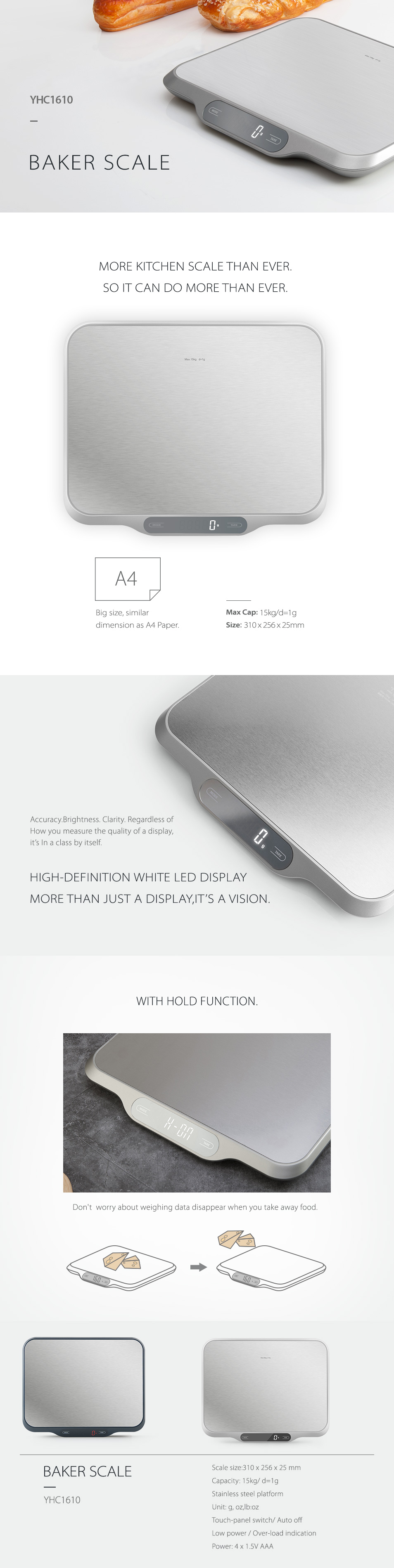 Infographic showing scale dimensions, LED display, and key technical specifications