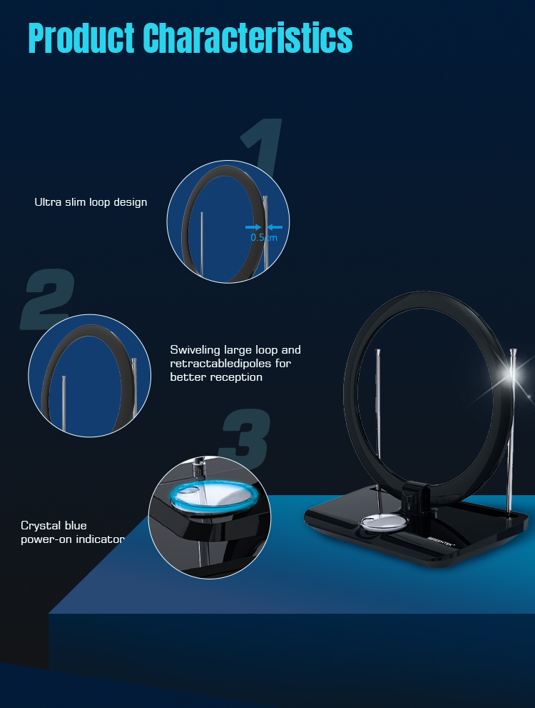 Product characteristics showing ultra slim design and blue indicator