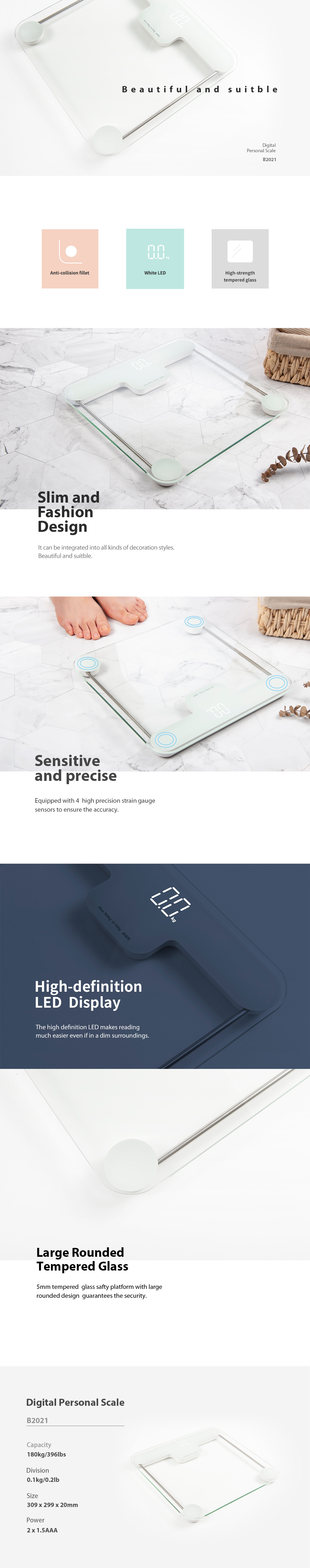 Infographic showing the digital scale features including the LED display and high-precision sensors.
