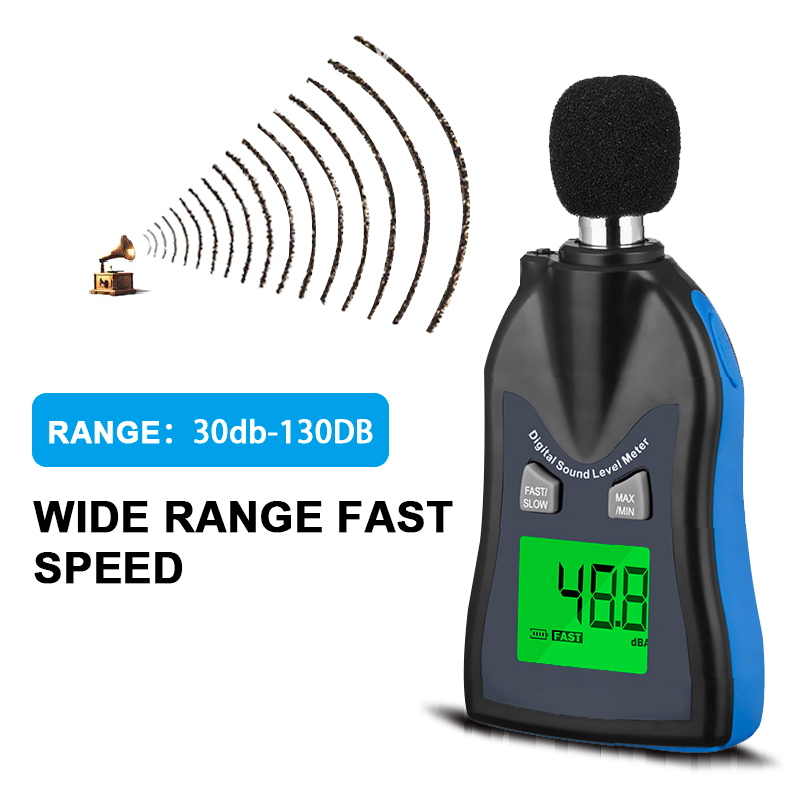 Digital sound level meter showing wide range measurement capabilities