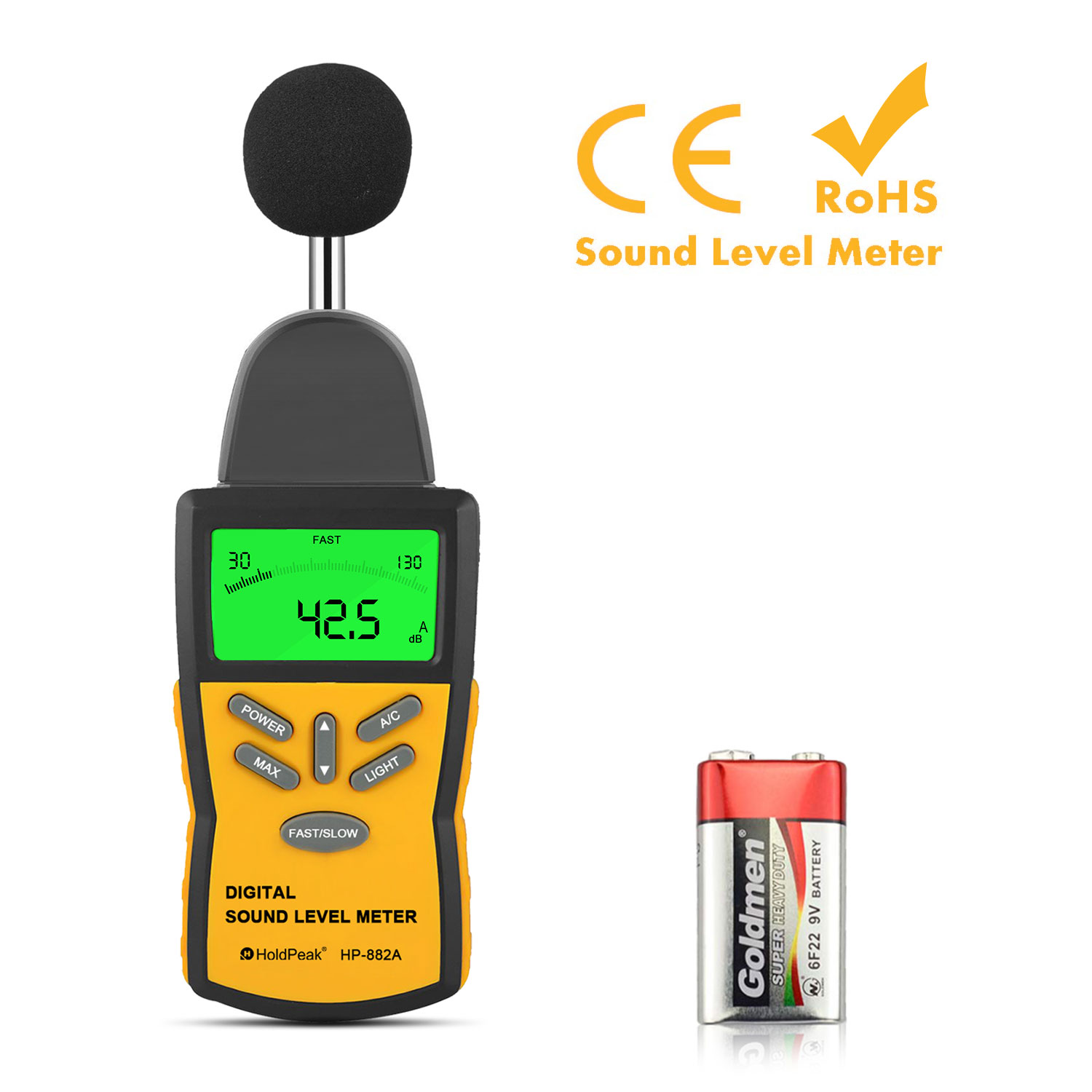 Digital sound level meter with battery and certifications