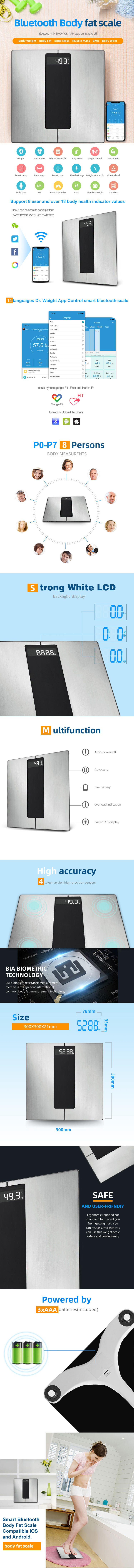 Infographic showing the smart Bluetooth scale's body composition metrics and app interface.