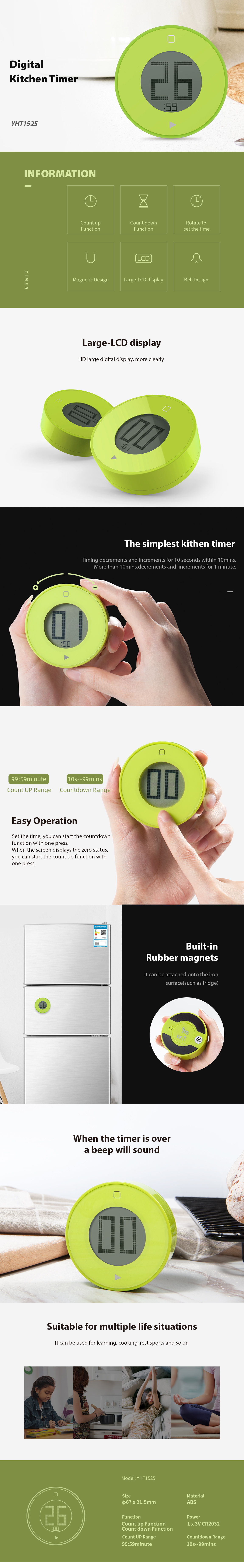 Infographic showing the Digital Kitchen Timer YHT1525 features including LCD display, magnetic back, and timing ranges.