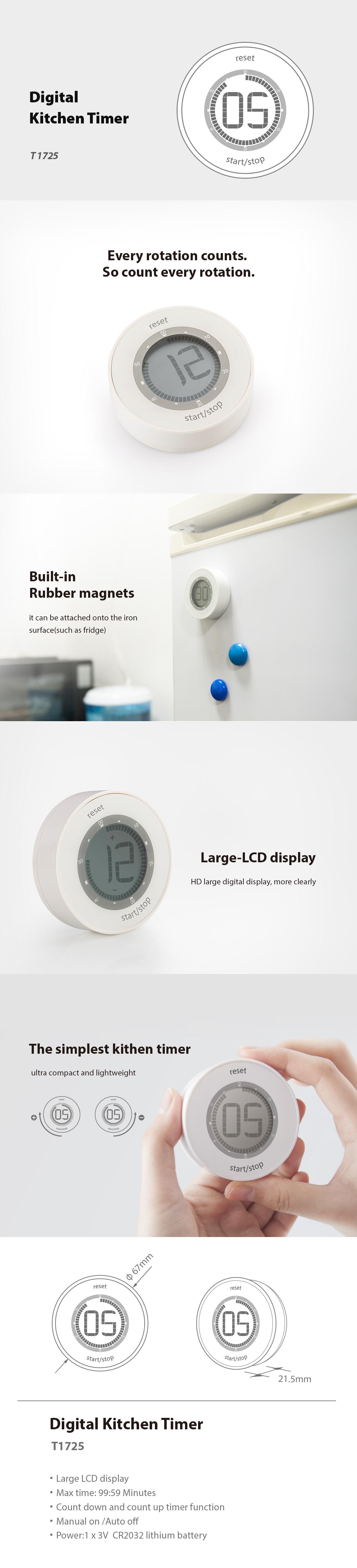 Infographic of T1725 Digital Kitchen Timer showing dimensions and features