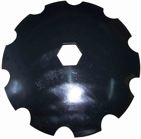 Scalloped agricultural disc blade with hexagonal center hole