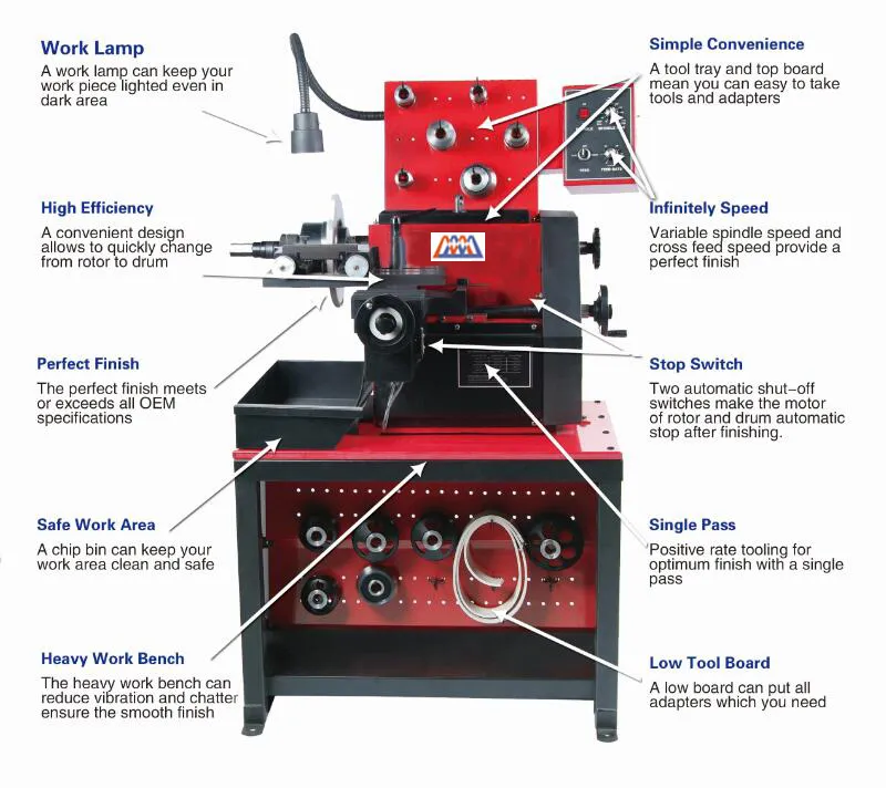 Detailed features of the C9372 Brake Lathe including work lamp, tool tray, and heavy work bench.