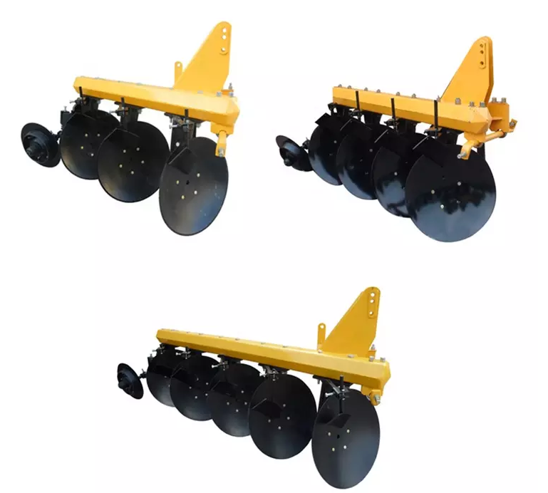 Yellow heavy-duty disc plow with adjustable trailing wheel