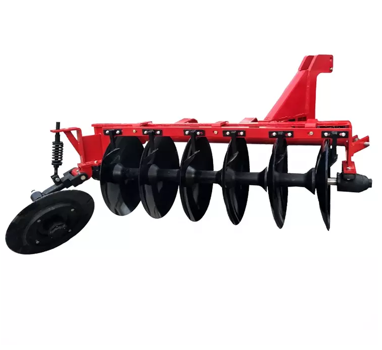 Side view of agricultural disc plow showing disc concave shape