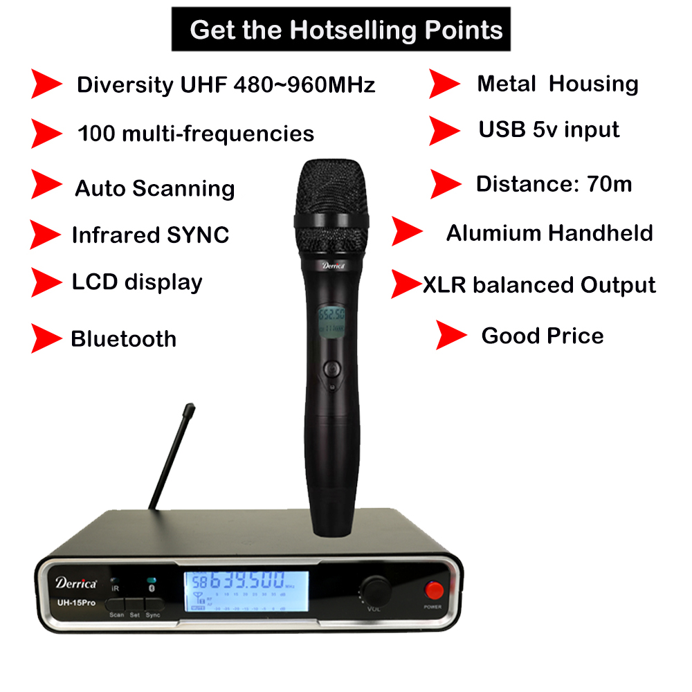 Infographic showing the 10 hot selling points of the UHF wireless microphone system
