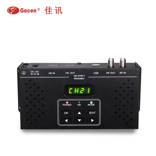Front panel of HD to DVB-T Modulator showing LCD display and control buttons
