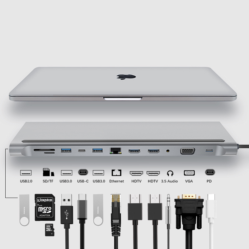 Docking Station Triple Monitor, USB Type C to 2 HDMI + VGA Adapter, 12 in 1 USB-C Hub - Image 2