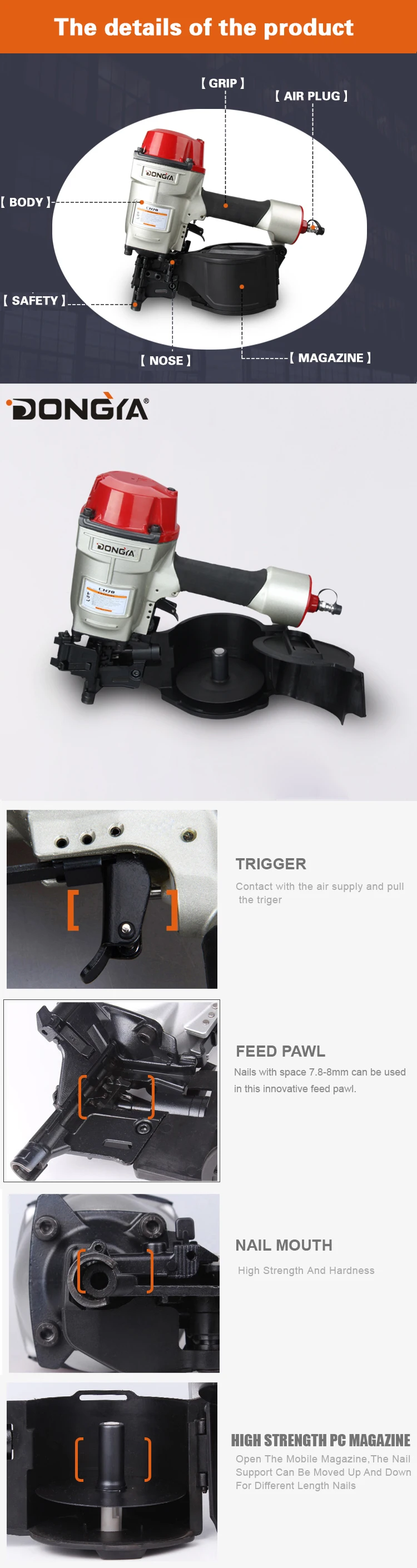 Detailed diagram of the industrial coil nailer components