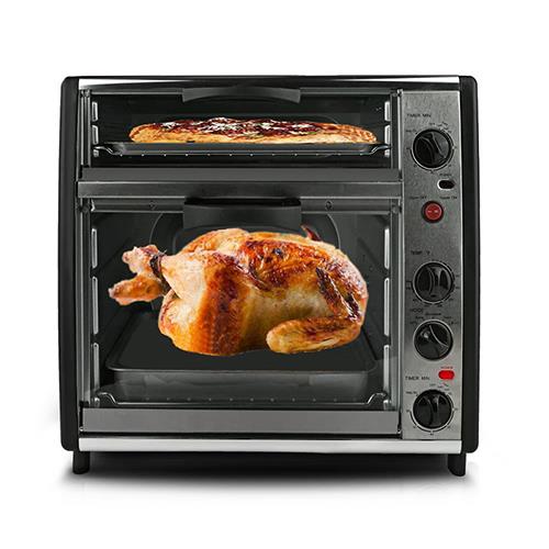 Double-deck rotisserie grill and pizza oven showing dual chambers and control knobs