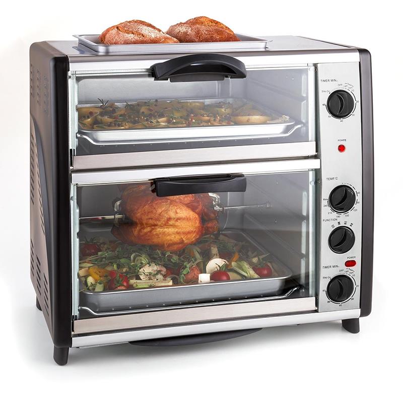 Double chamber toaster oven with top griddle