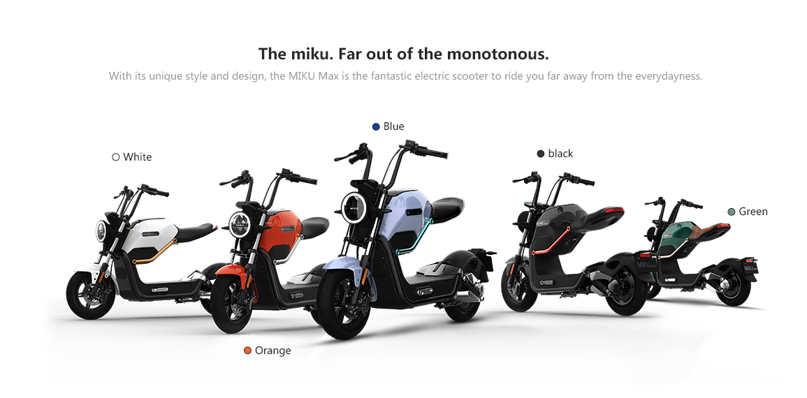 Electric scooter available in multiple colors including white, orange, blue, black, and green