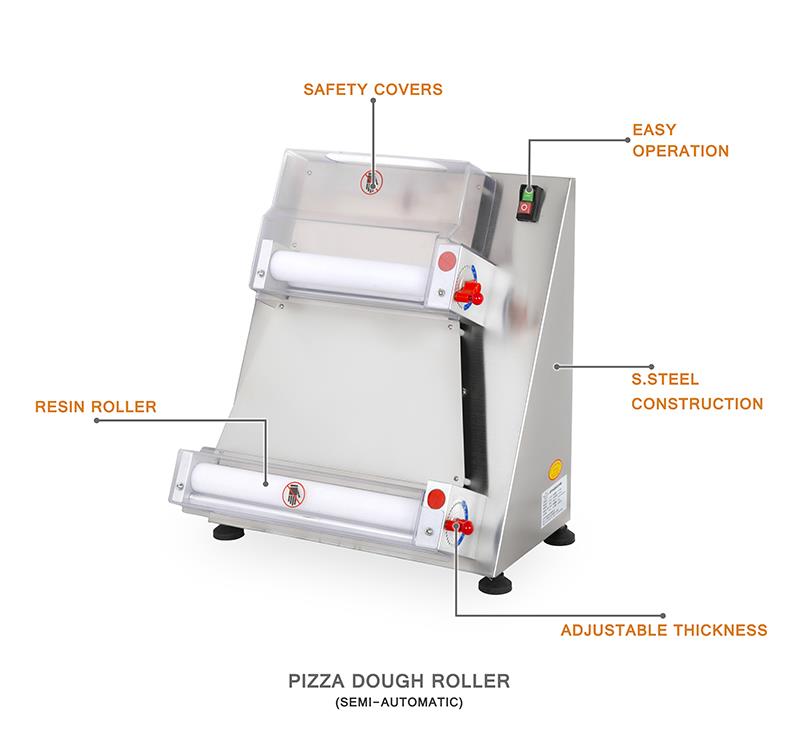 Diagram of semi-automatic pizza dough roller showing resin rollers and safety covers