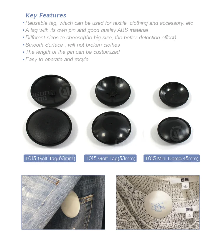 Comparison of different EAS tag sizes including Golf Tag and Mini Dome styles