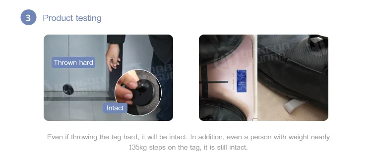 Security tag durability test showing resistance to impact and heavy weight