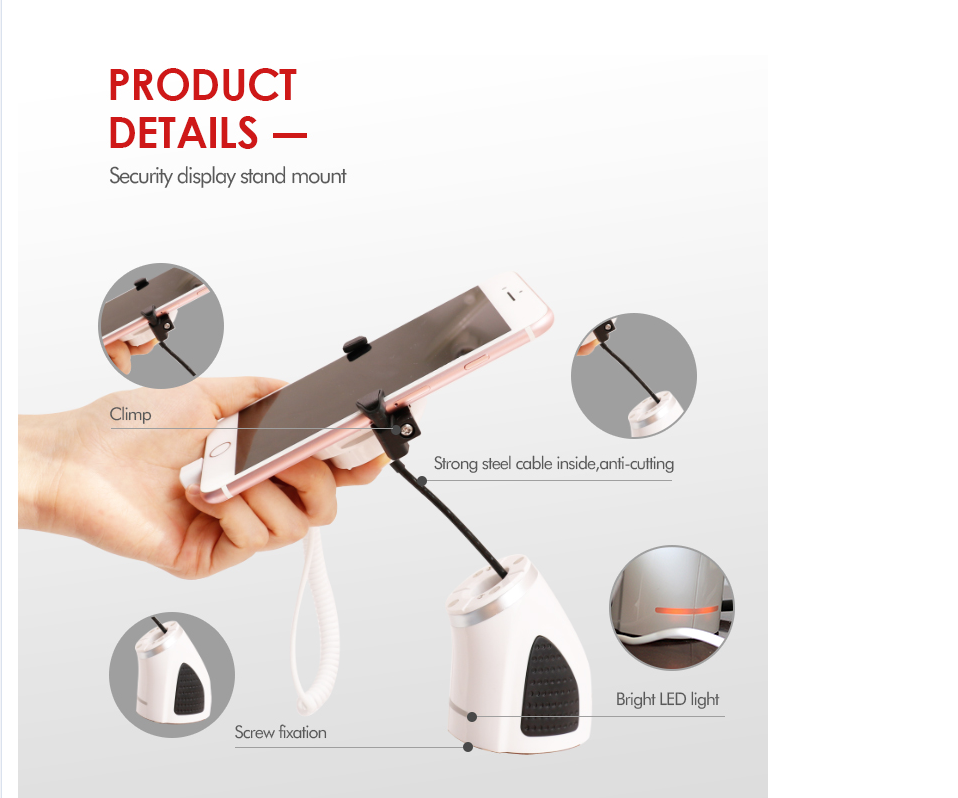 Security display stand features including steel cable and LED light