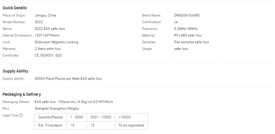Technical specification sheet for S032 EAS safer box
