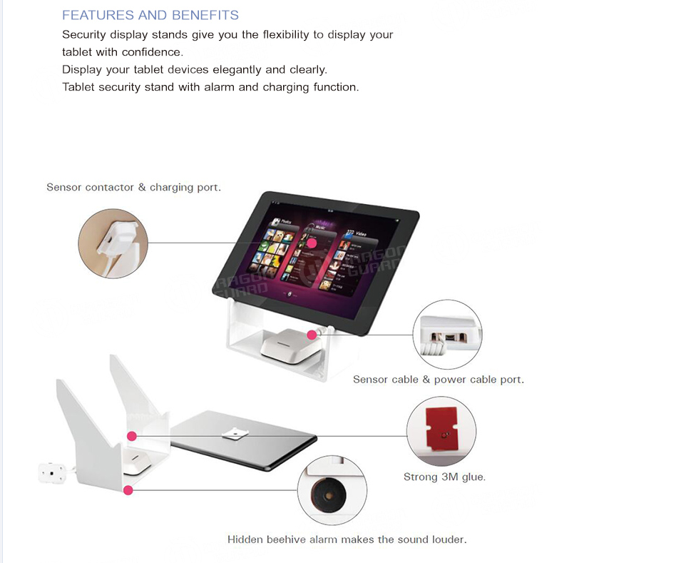 Close-up of features including sensor cable, charging port, and 3M adhesive base