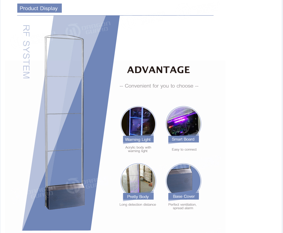 EAS RF System design features showing warning light and acrylic body