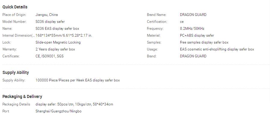 Technical specifications and dimensions for the S036 anti-theft safer box