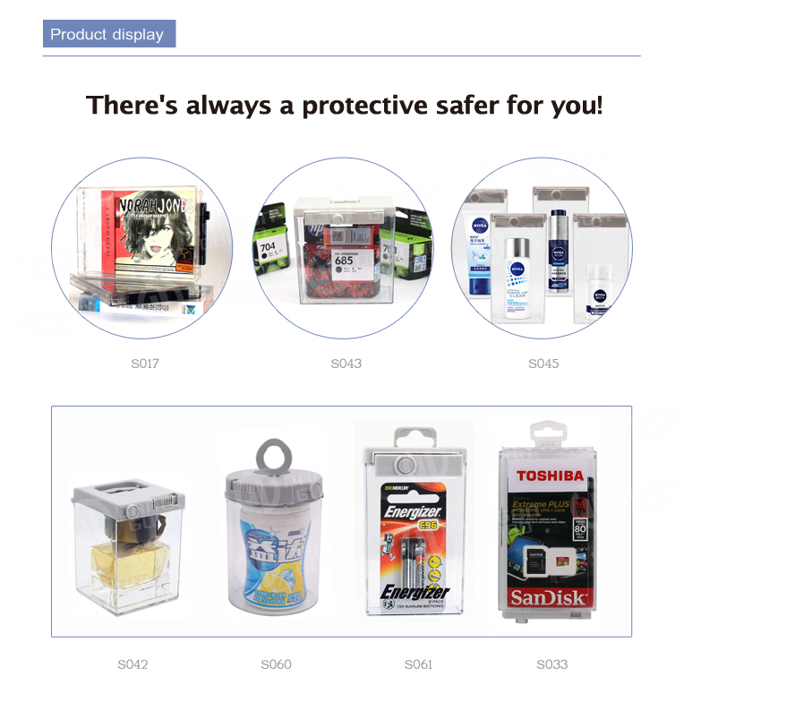 Various retail security safer boxes on display