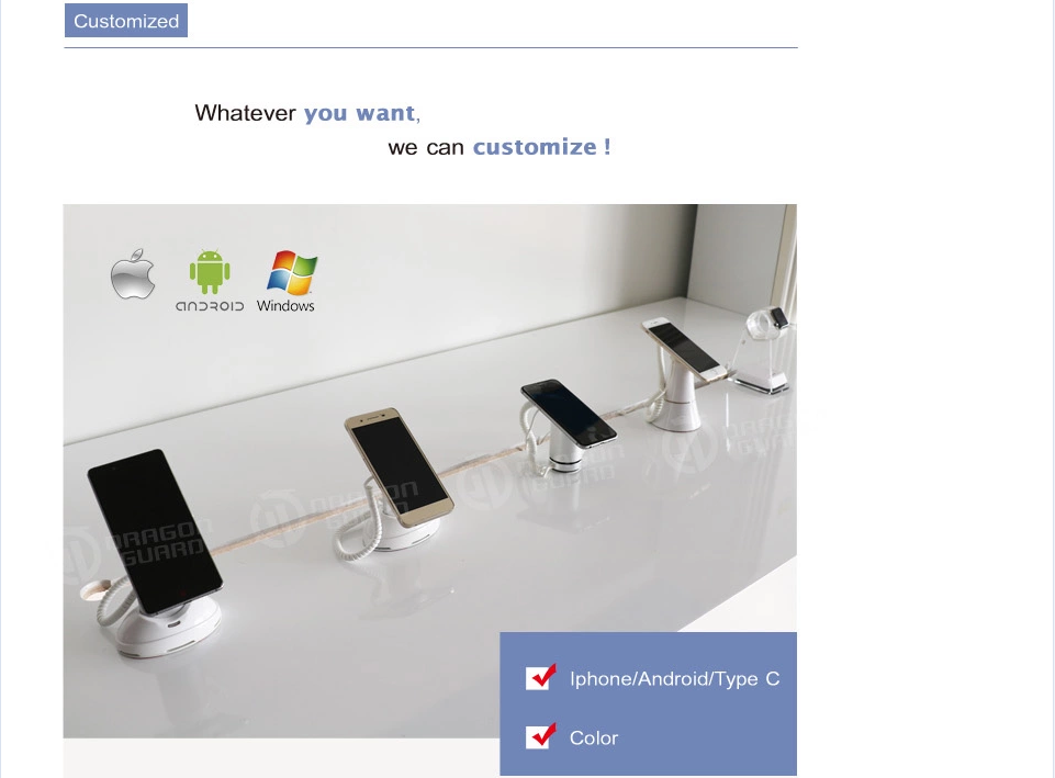 Compatibility chart showing support for iPhone, Android, and Type-C devices